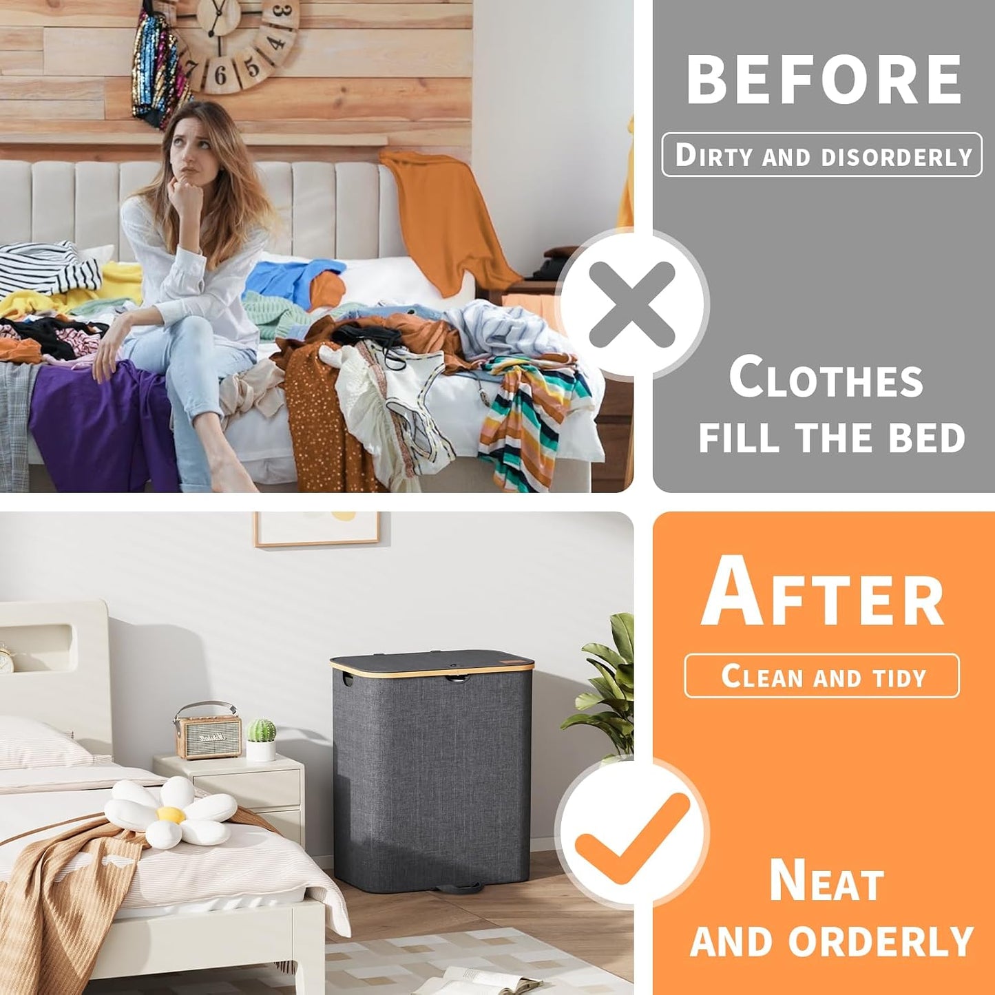 XLHOMO Double Laundry Hamper with Lid and Removable Bags, 150L Large Collapsible 2 Dividers Dirty Clothes Basket with Handles, Beige Double Laundry Basket Organizer for Bedroom,Laundry Room,College