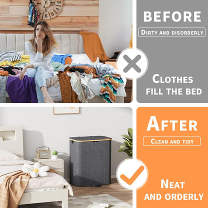 XLHOMO Double Laundry Hamper with Lid and Removable Bags, 150L Large Collapsible 2 Dividers Dirty Clothes Basket with Handles, Beige Double Laundry Basket Organizer for Bedroom,Laundry Room,College