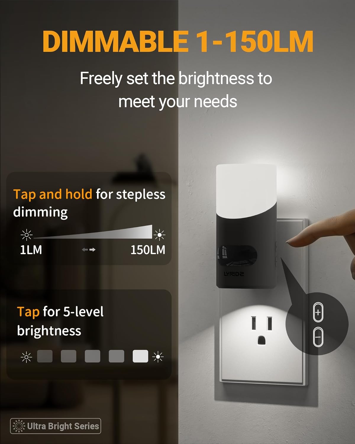 Lyridz LED Night Lights Plug into Wall with Motion Sensor, 1-150LM Dimmable Plug-in Nightlight Indoor for Bedroom, Bathroom, Hallway, Stairs, Pet House, Toilet, 2 Pack