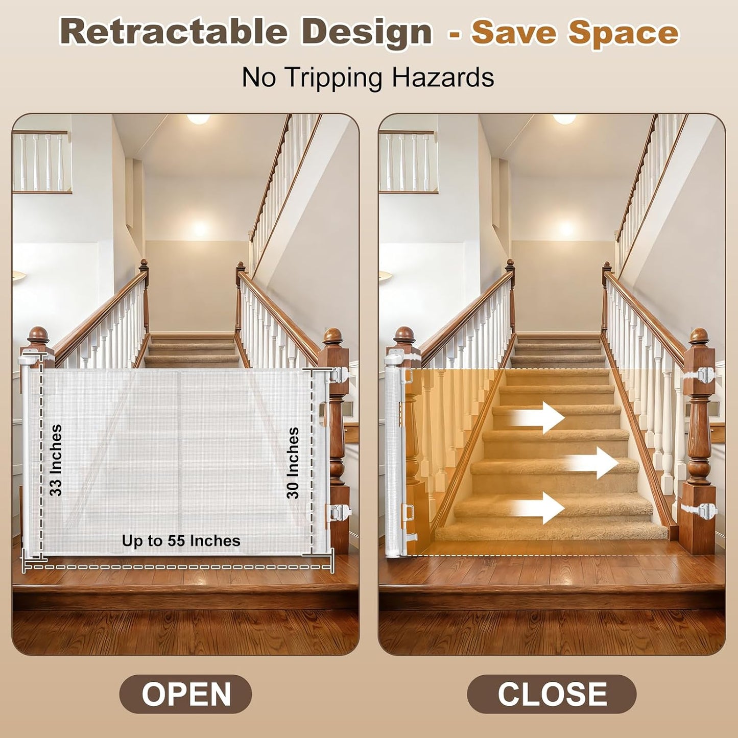 Upgraded Retractable Baby Gates for Stairs & Banister, Mesh Dog Gate Indoor, Extends to 55" Wide 33" Tall, Child Safety Gate for Stairway, Banister & Wall Mount (White)
