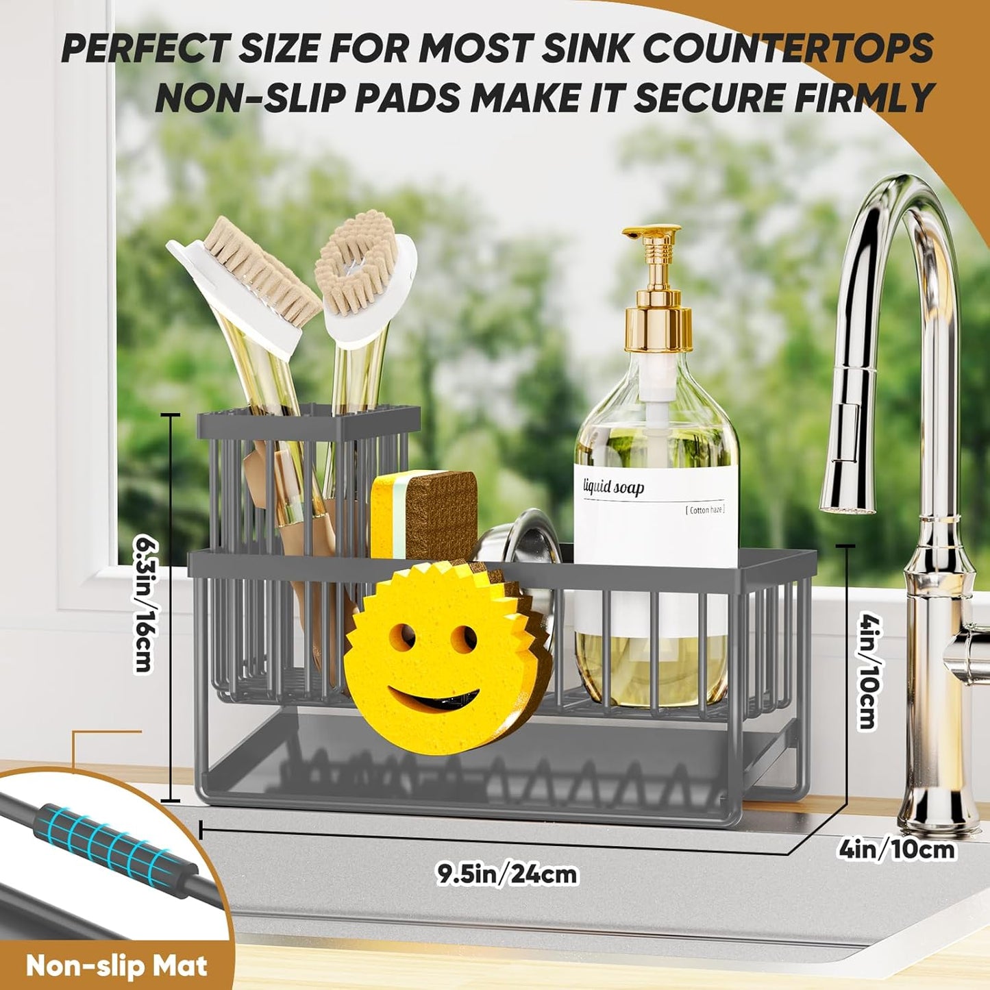 Sponge Holder for Kitchen Sink,Smiley Face Sink Caddy with Removable Brush Holder,Self-Draining Sponge Caddy for Soap,Dish Brush,Scrubber,Kitchen Essentials and Gadgets-Silver