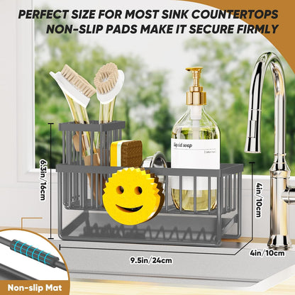 Sponge Holder for Kitchen Sink,Smiley Face Sink Caddy with Removable Brush Holder,Self-Draining Sponge Caddy for Soap,Dish Brush,Scrubber,Kitchen Essentials and Gadgets-Silver