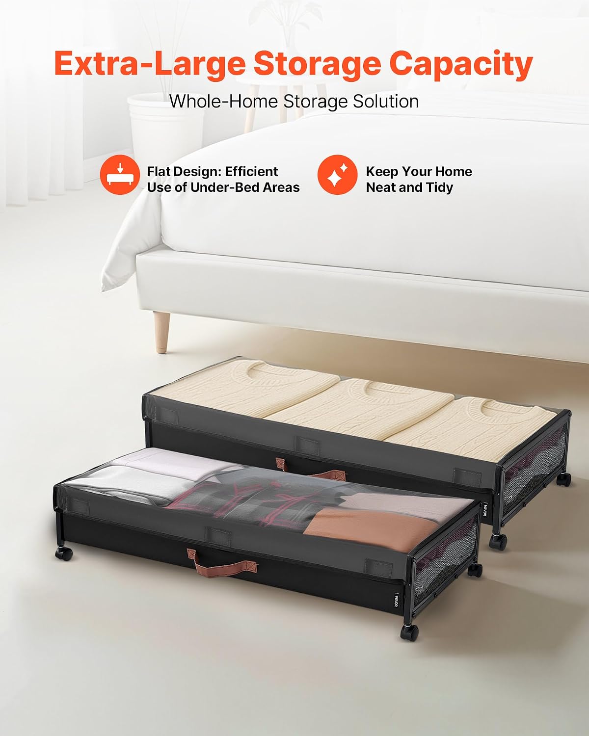 VEVOR Under Bed Storage with Wheels, 36.0 x 18.1 x 7.3 inch, Underbed Containers with Clear Lid, Underbed Shoe Organizer, Rolling Under the Bed Storage Bins for Clothes Shoes Blankets Bedroom, 2 Pack
