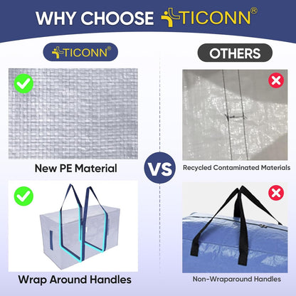 TICONN 4 Pack Extra Large Moving Bags Heavy Duty with Zippers & Carrying Handles, Durable Storage Bags Moving Boxes for Closet Organizers and Storage (4 Pack, Blue)