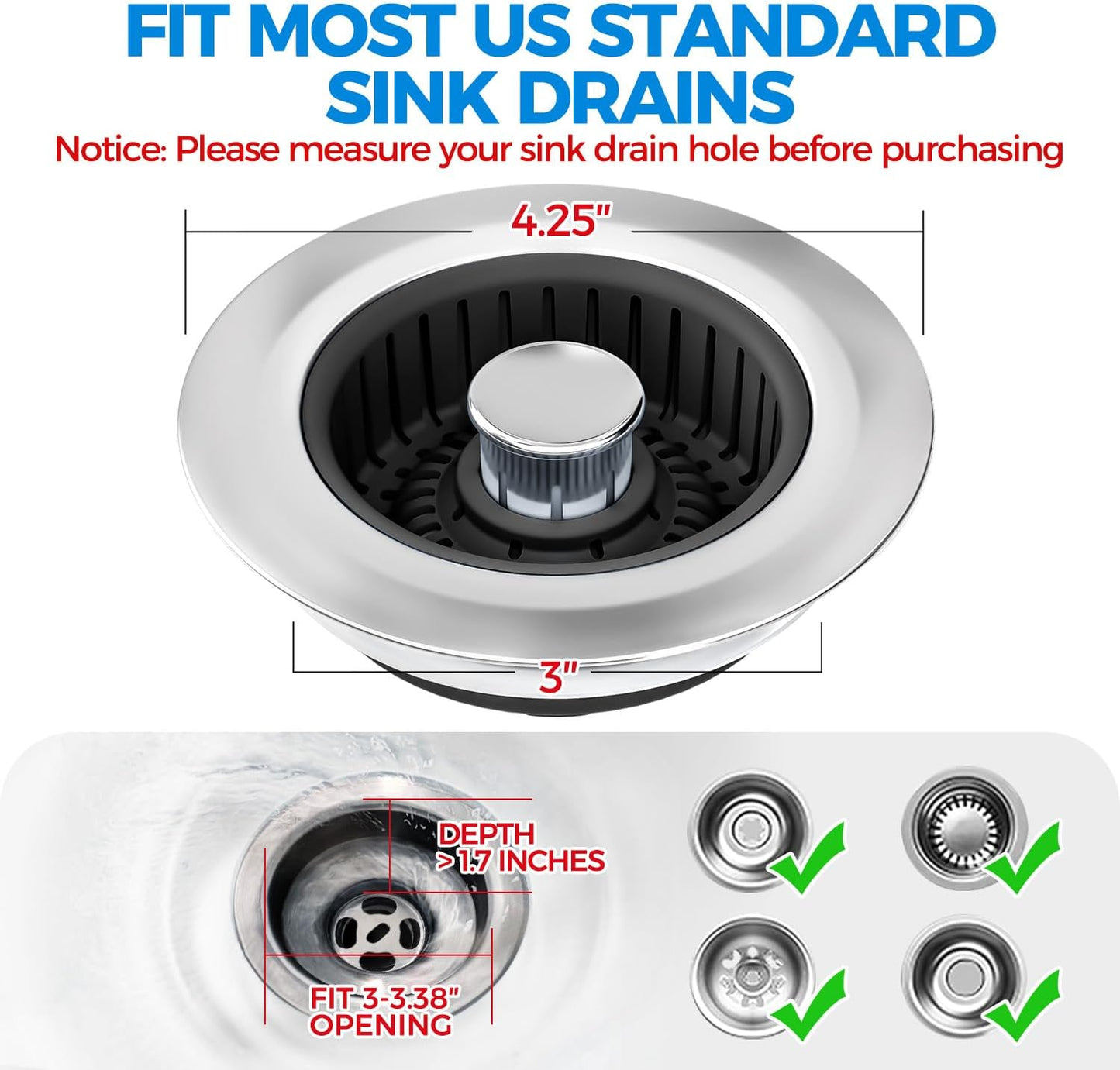 Sink Drain Strainer - Sink Stopper Kitchen Drain, 3 in 1 Kitchen Sink Drain Strainer with Anti-Clogging Basket, Kitchen Gadgets Clearance Sink Accessories, Fit US Standard 3-1/2'' Sink Hole, Silver
