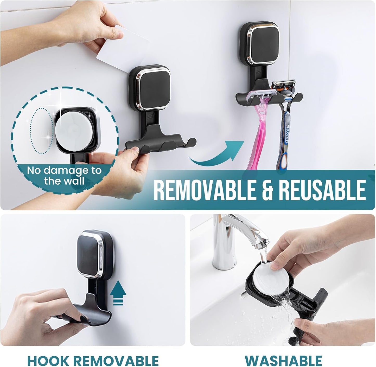 TAILI Suction Cup Razor Holder for Shower Wall 2 Pack, Versatile Suction Cup Hooks for Razor, Towel, Loofah, Squeegee, Cell Phone, Removable Damage-Free Hanging Shower Hook, Shaver Holder, Black