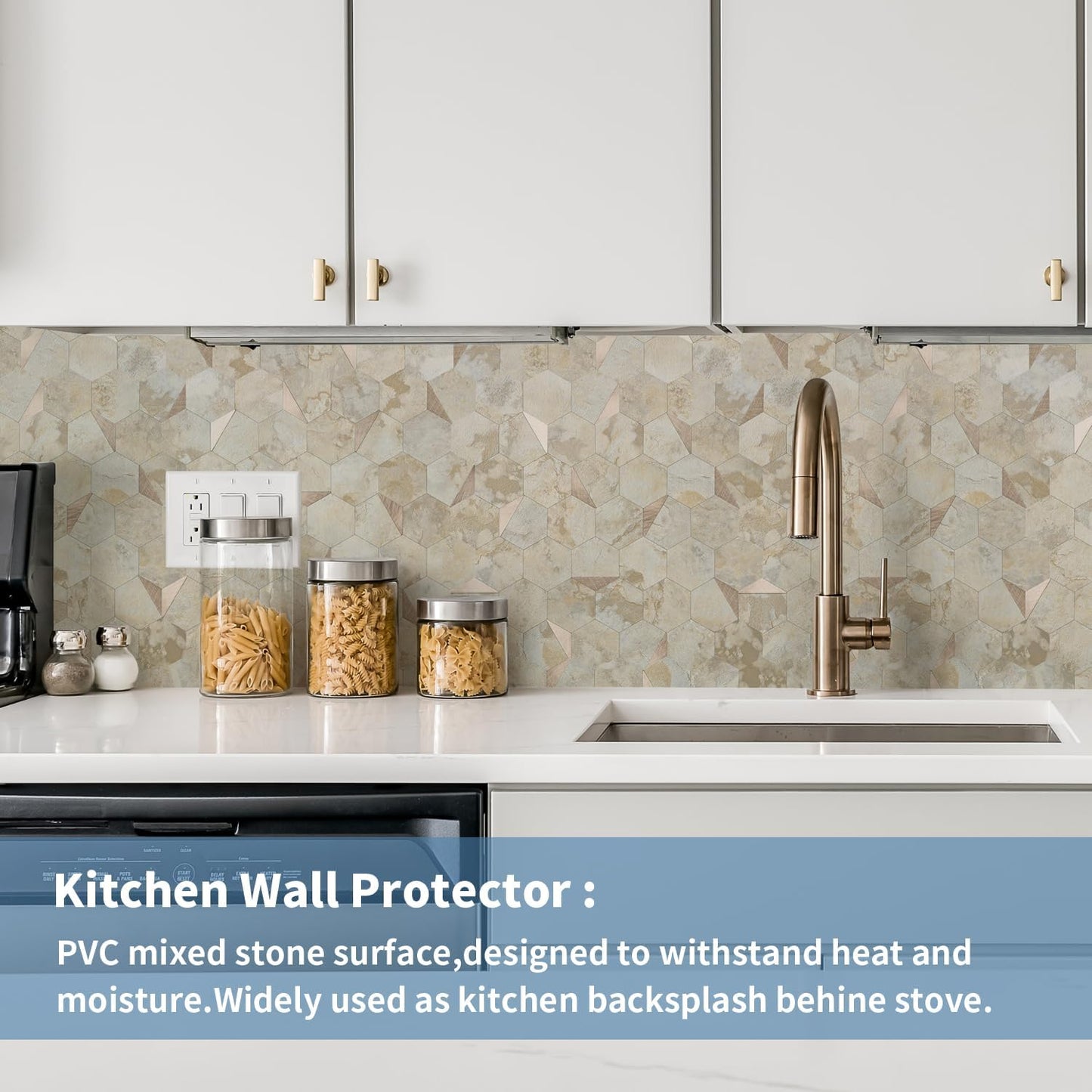 10-Sheet Heavy-Duty Hexagon Peel and Stick Backsplash, Thick Waterproof &Heat Resistant Stick on Wall Tiles, Slate Beige Mosaic for Kitchen & Bathroom, Strong Adhesive Permanent PVC Tiles