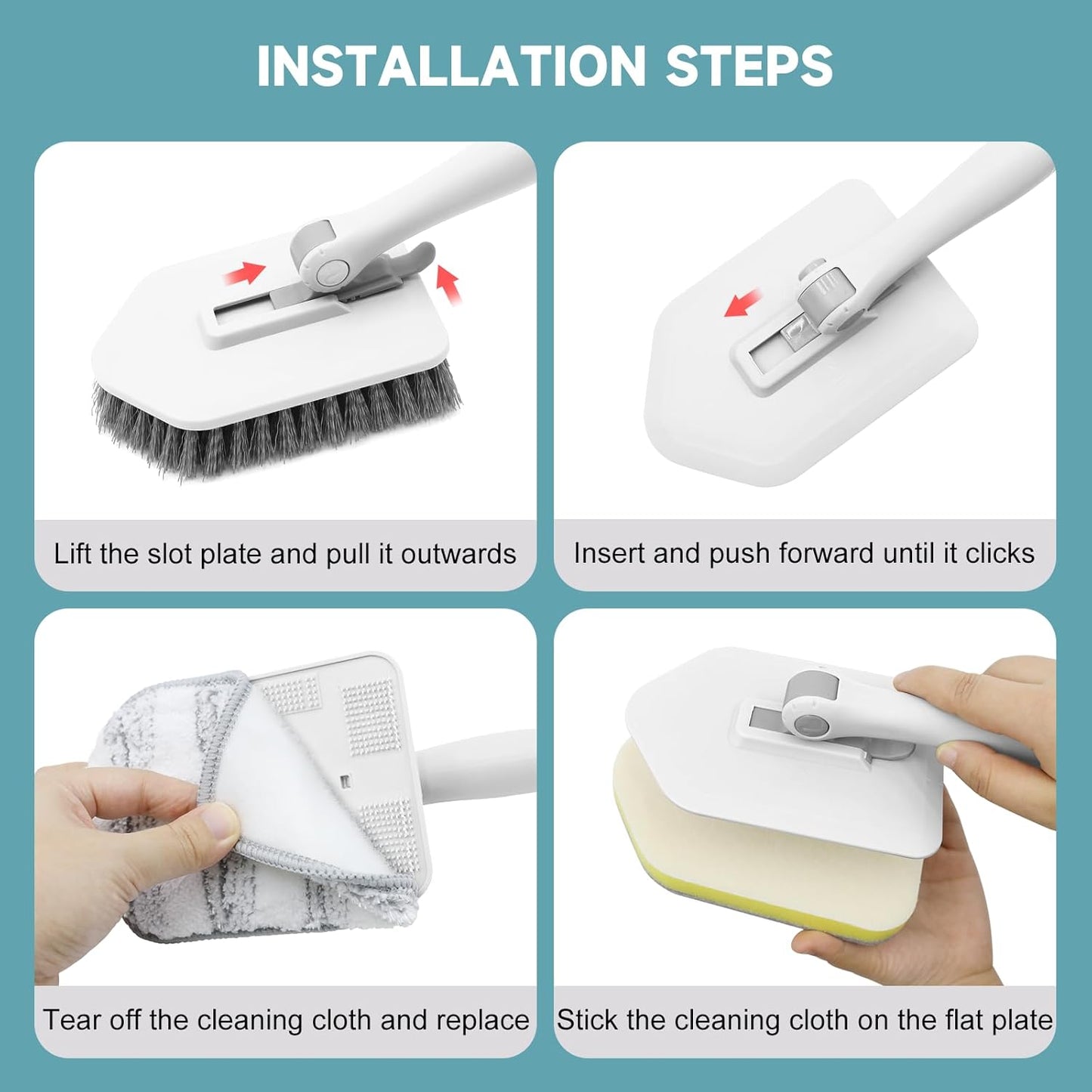 nacena Shower Scrubber with Long Handle, 3 in 1 Tile Tub Scrubber Brush with 3 Detachable Cleaning Heads Adjustable Handle Shower Cleaner Brush for Bathroom, Kitchen, Toilet, Wall, Sink, Grey White