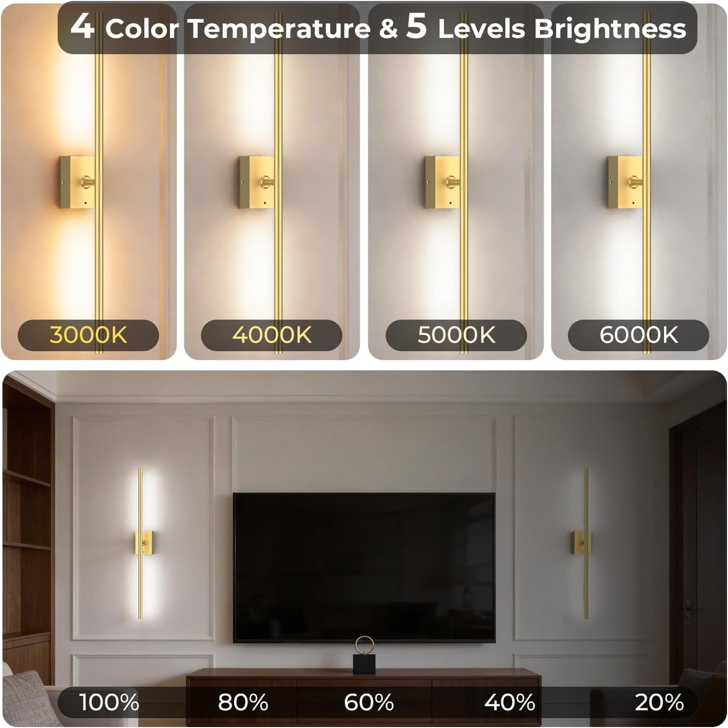 Battery Operated Wall Sconce Set of Two - 10000mAh Cordless Rechargeable Wall Sconces with Remote & Touch Control, 360°Rotate, 4CCT Dimmable Gold Wall Lights for Bedroom Living Room, 31.5 inch