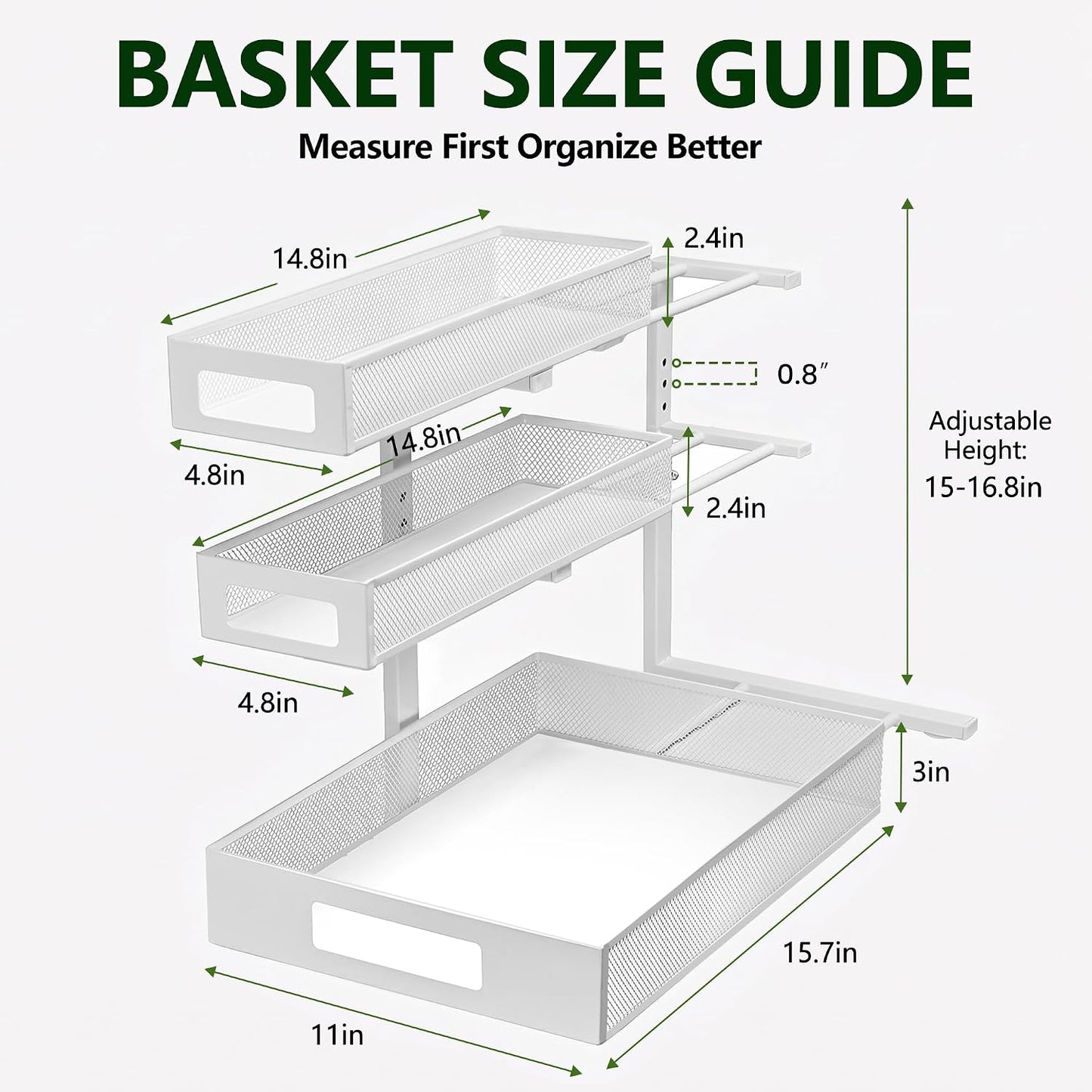 3 Tier Under Sink Organizer,2 Pack Pull Out Cabinet Shelves with Adjustable Height,Heavy Duty Carbon Steel L-Shaped Storage for Kitchen Bathroom Sink,Pantry & Laundry,White