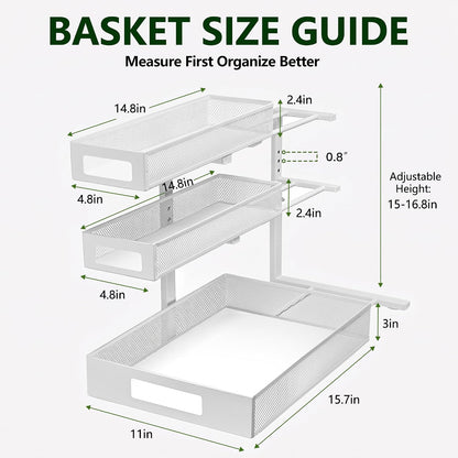 3 Tier Under Sink Organizer,2 Pack Pull Out Cabinet Shelves with Adjustable Height,Heavy Duty Carbon Steel L-Shaped Storage for Kitchen Bathroom Sink,Pantry & Laundry,White