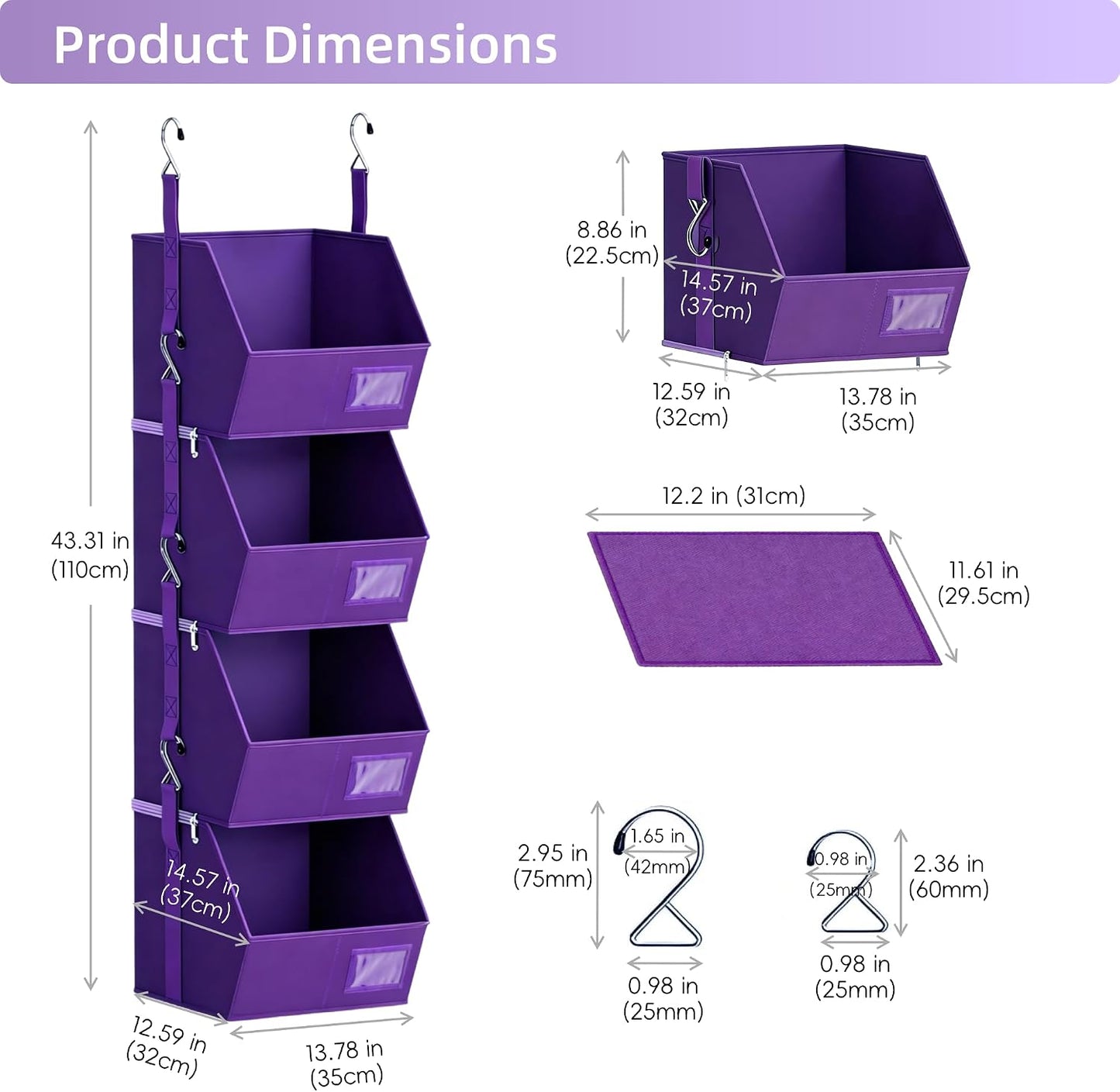 Hanging Closet Organizer 4 Tier, Hanging Shelves for Closet-Hanging Closet Organizer with Stackable Shelves,Versatile Fabric Storage Bins for Bedroom, RV, Nursery,Dorm(Purple)