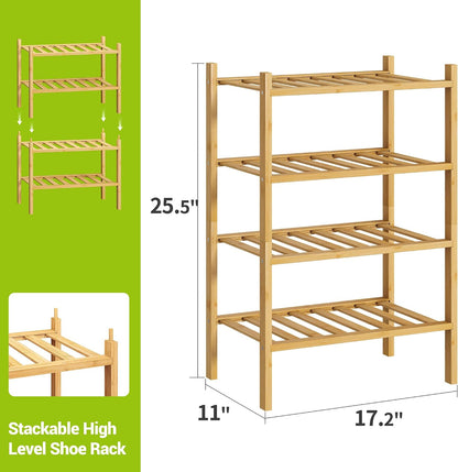 BMOSU 2-Tier Bamboo Small Shoe Rack Premium Stackable Shoe Shelf Storage Organizer for Hallway Closet Living Room Entryway Organizer (Black Bamboo)