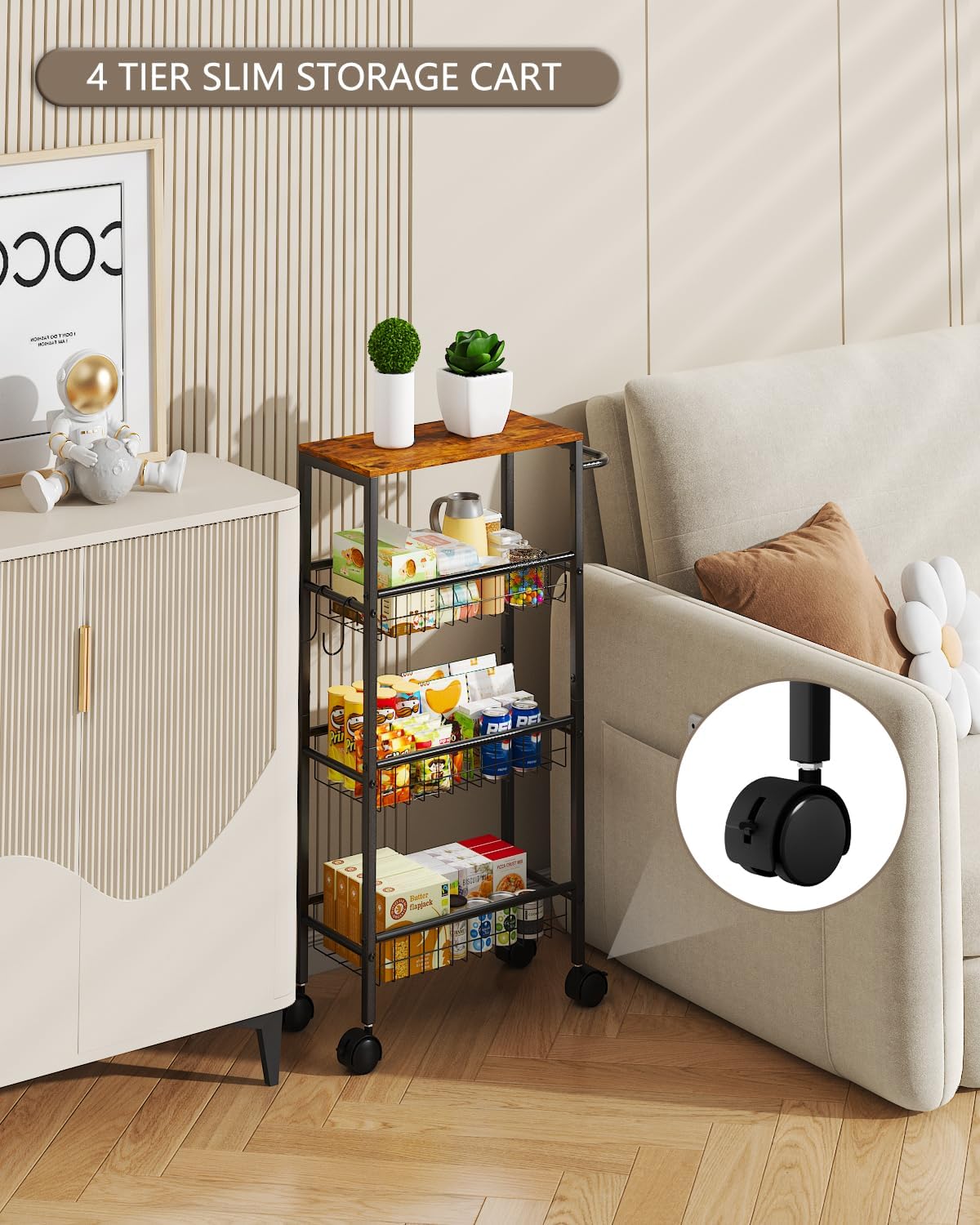 Rolling Utility Cart, 4-Tier Slim Narrow Storage Cart with Wheels for Kitchen, Laundry Room Organization, Metal Bathroom Organizer with Wood Top, Brown, 17.3" x 7.9" x 32.6"