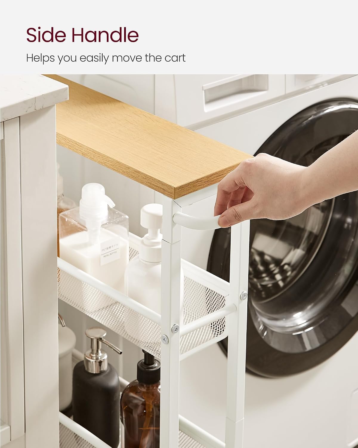 VASAGLE Slim Rolling Cart, 4-Tier Narrow Storage Cart with Handle, 5.1 Inches Deep, Metal Frame, for Kitchen, Dining Room, Living Room, Home Office, Rustic Brown and Classic Black ULRC032B01V1