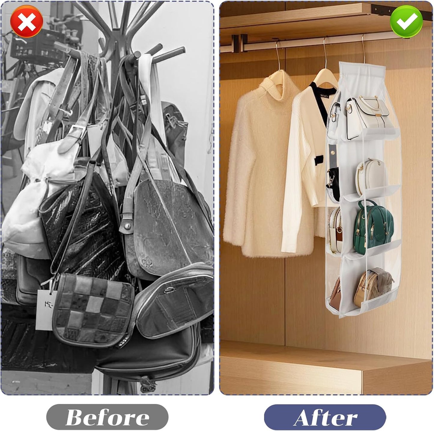 3Pack Hanging Handbag Organizer for Closet – 8 Clear PE Pockets, Space-Saving Purse Storage Holder (White, 41” x 13.5”)