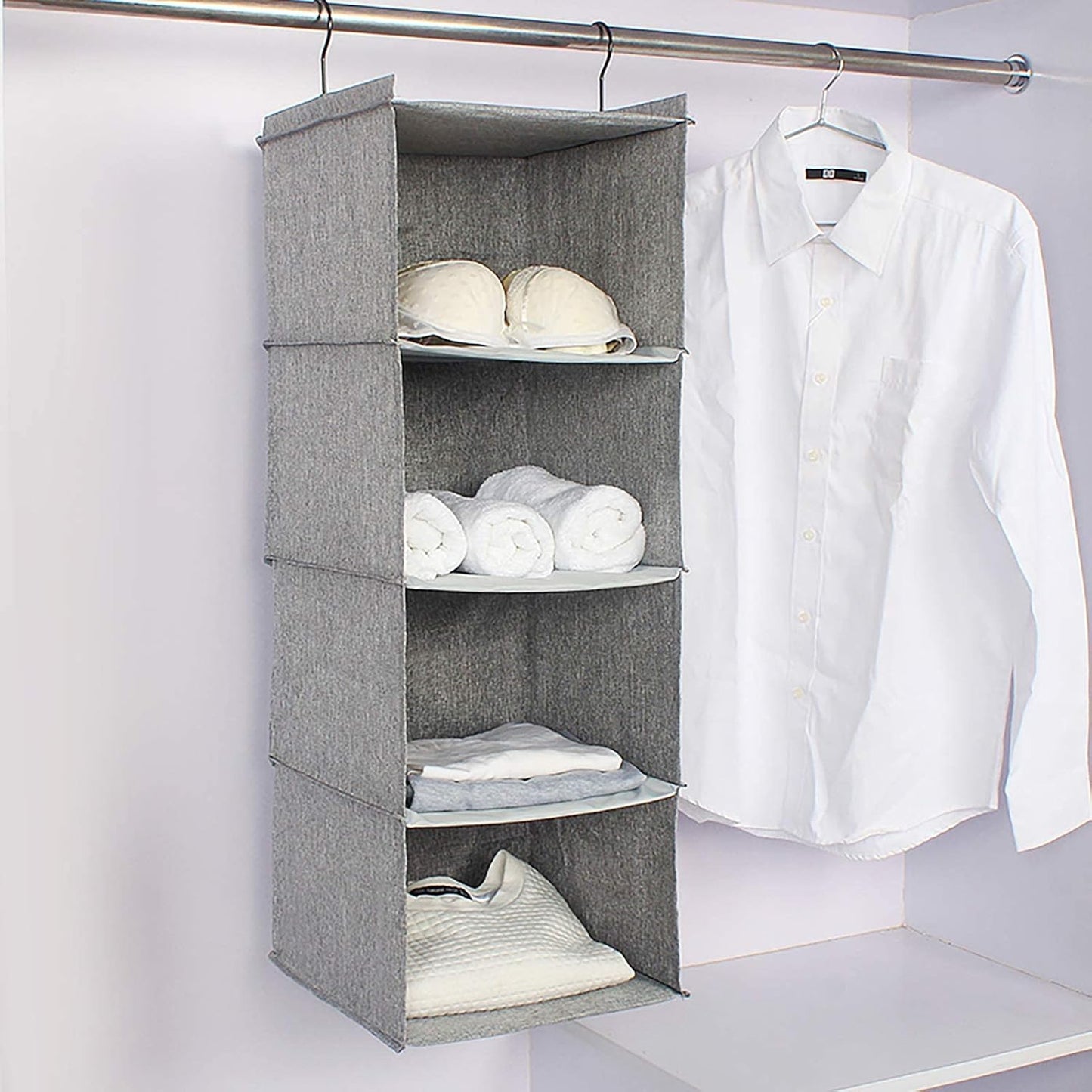 Hanging Closet Organizer 3-Shelf, Oxford Fabric Wardrobe Storage, Gray | Easy-mount foldable design holds clothes, handbags, shoes & accessories; washable Oxford fabric, sturdy and space-saving.