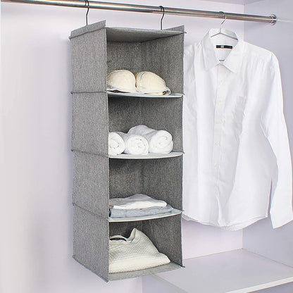 Hanging Closet Organizer 3-Shelf, Oxford Fabric Wardrobe Storage, Gray | Easy-mount foldable design holds clothes, handbags, shoes & accessories; washable Oxford fabric, sturdy and space-saving.