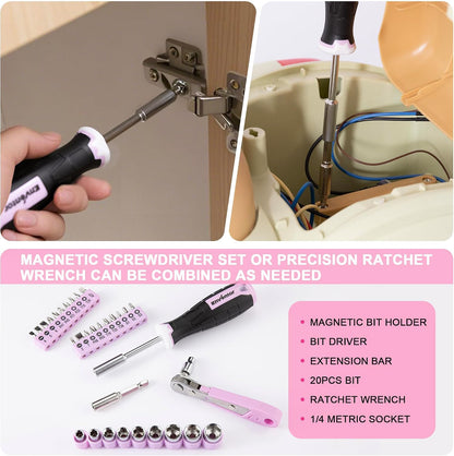 Enventor Pink Tool Kit Set for Women, 146PCS General Household Hand Tool Kit with Storage Toolbox, Ladies Small Basic Tool Kits for Home Maintenance, DIY Projects