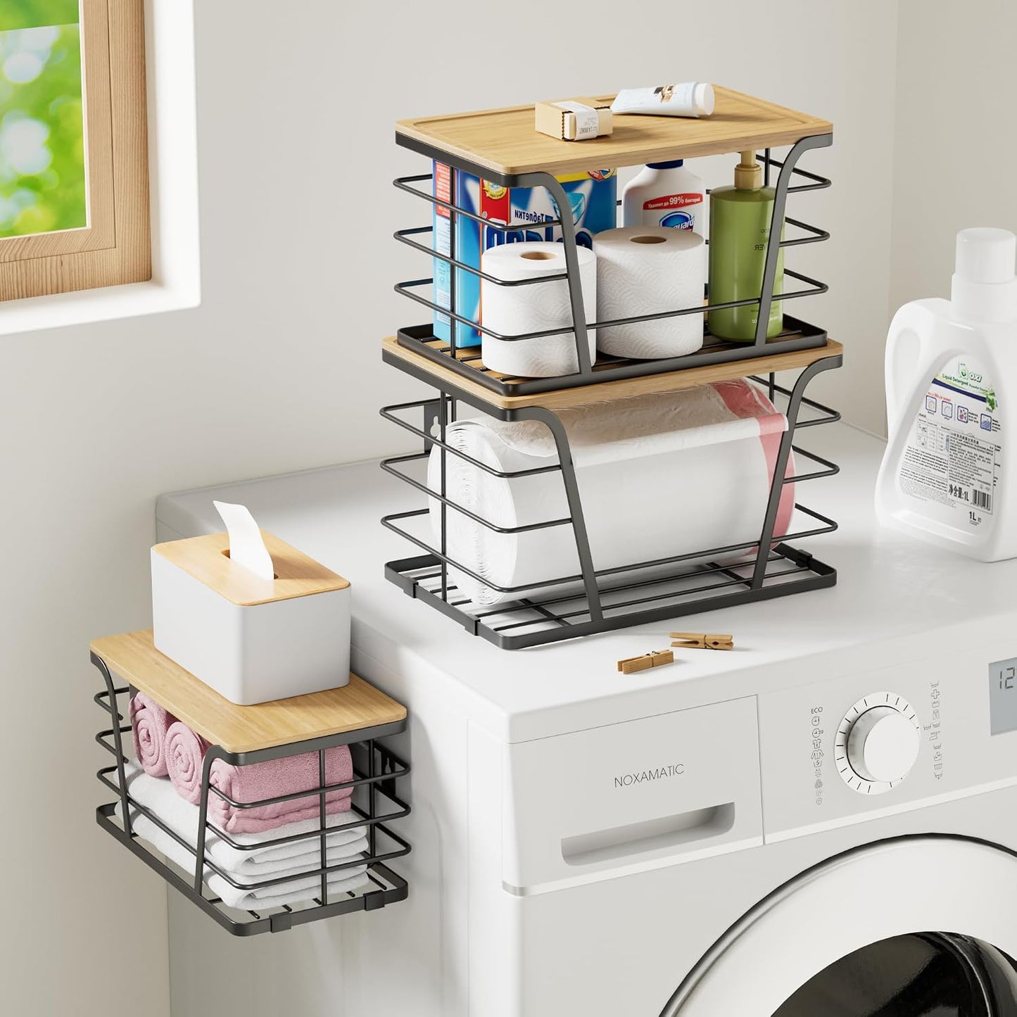 TIDIIABODE 2 Pack Stackable Storage Laundry Kitchen Organizers, Wall Mount Trash Bag Holder with Bamboo Top and Garbage Bag Dispenser No Drill