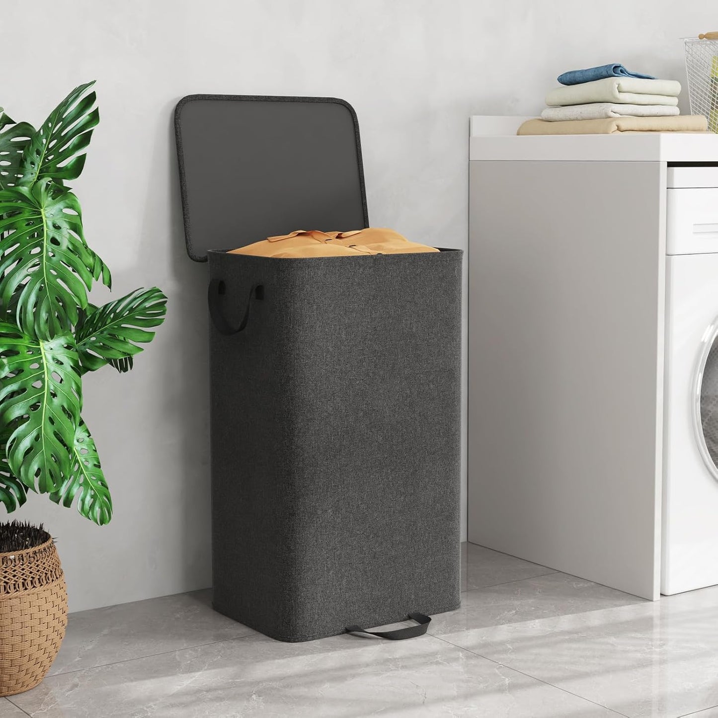 Lifewit Double Laundry Hamper with Lid and Removable Laundry Bags, Large Collapsible 2 Dividers Dirty Clothes Basket with Handles for Bedroom Laundry Room Closet Bathroom College, 136L Beige
