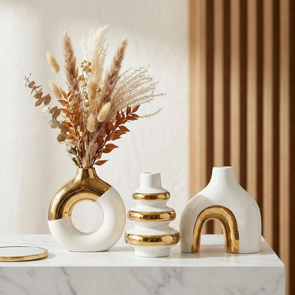 White Ceramic Vase Set of 3, Small Flower Vases for Pampas Grass, Modern Boho Vase for Decor, Round White Vases Centerpieces for Wedding Living Room Bedroom Coffee Table Dinner Table