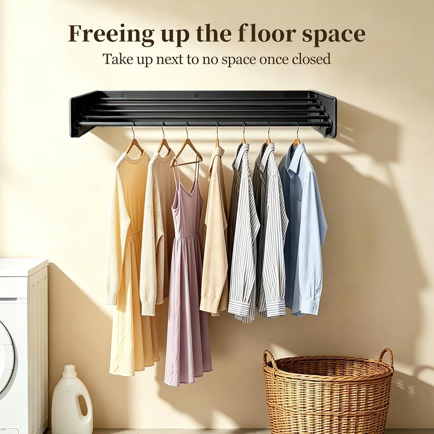 Wall Mounted Foldable Clothes Drying Rack Carbon Steel 5 Rods, Space-Saving Laundry Drying Rack with Wall Template (1, White, 19.69")