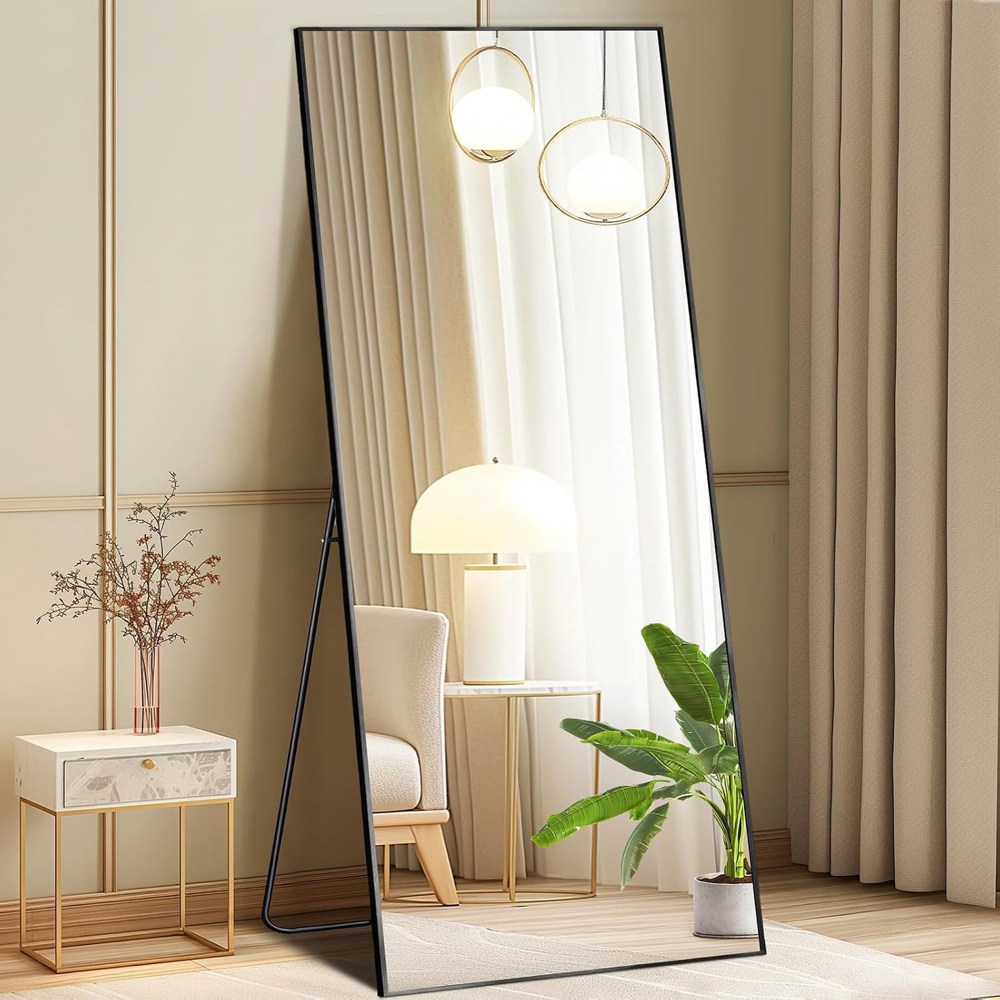 59"x16" Arched Full Length Mirror, Full Body Mirror with Leaning or Standing, Floor Standing Aluminum Frame for Bedroom, Livingroom, Cloakroom, Black