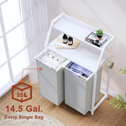 Timberer Laundry Hamper, Laundry Sorter 3 Section, Rolling Laundry Basket with Wheels, 2 Shelves, 3 × 14.5 Gal, Pull-Out and Removable Oxford Fabric Bags, for Laundry Room, Black and Rustic Brown
