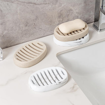 Soap Dish, Bar Soap Holder, Travertine Stone Look, Off White | Self Draining,Sponge Holders Tray for Shower,for Dispenser,Scrubber,Bottle,Cup on Bathroom Kitchen Bathtub Sink or Counter