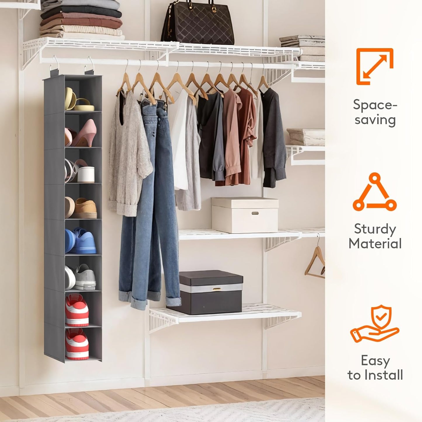 Lifewit 8 Section Hanging Shoe Organizer for Closet, Folding Shoe Racks, Fabric Shoes Storage with Two Hangers, Closet Organizers and Storage for Wardrode, Dorm, 11.8" L X 5.9" W X 41" H, Gray