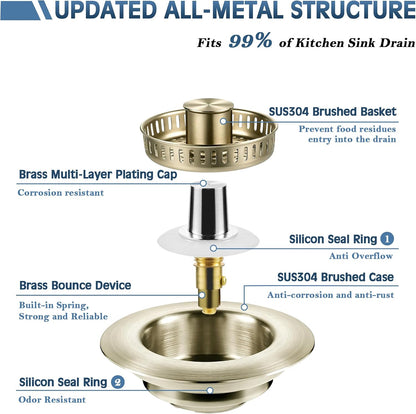 Sink Drain Strainer 3 in 1, 304 Stainless Steel Pop Up Kitchen Sink Stopper with Anti-Clogging Basket, Kitchen Essential Drain Anti-Clog Gadgets, Fits US Standard 3-1/2'' Sink Drain (SUS 304 Brushed)