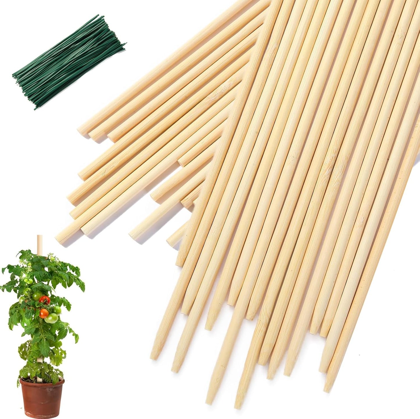 46 PCS Bamboo Plant Stakes 18 Inch, 5mm Thick Wood Plant Support Stakes | for Seedlings Gardening Potted Floral Plant, Indoor Wooden Sign Posting Garden Stick, Crafts Sticks with 46 PCS Wires(4")