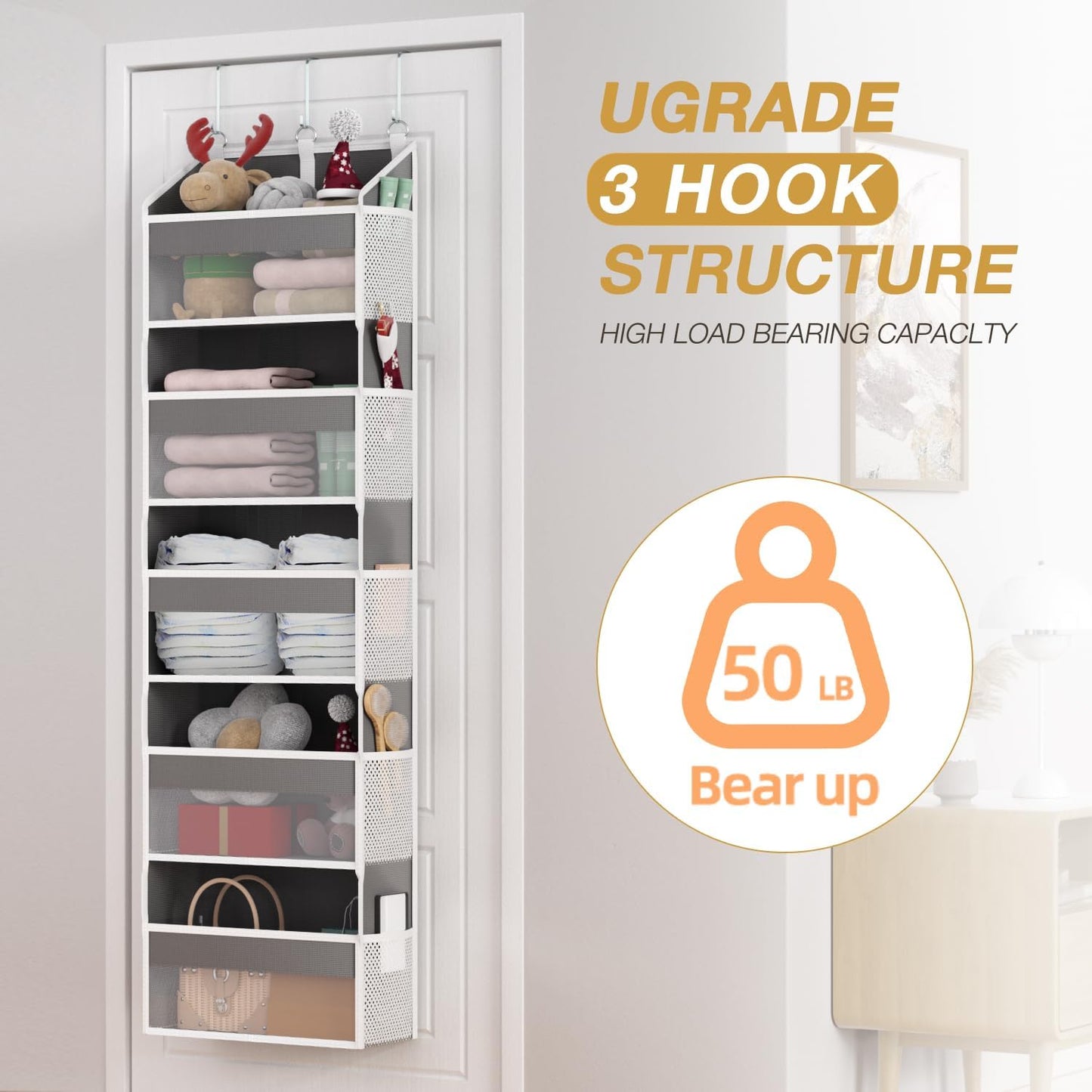 Over the Door Organizer with 5 Front & 10 MeshSide Pockets, 50LB Capacity Extra Large Nursery & Bathroom Hanging Storage Organizer Multi-Room Space-Saving Designwith 3 Hook for Kitchen, Pantry,Grey