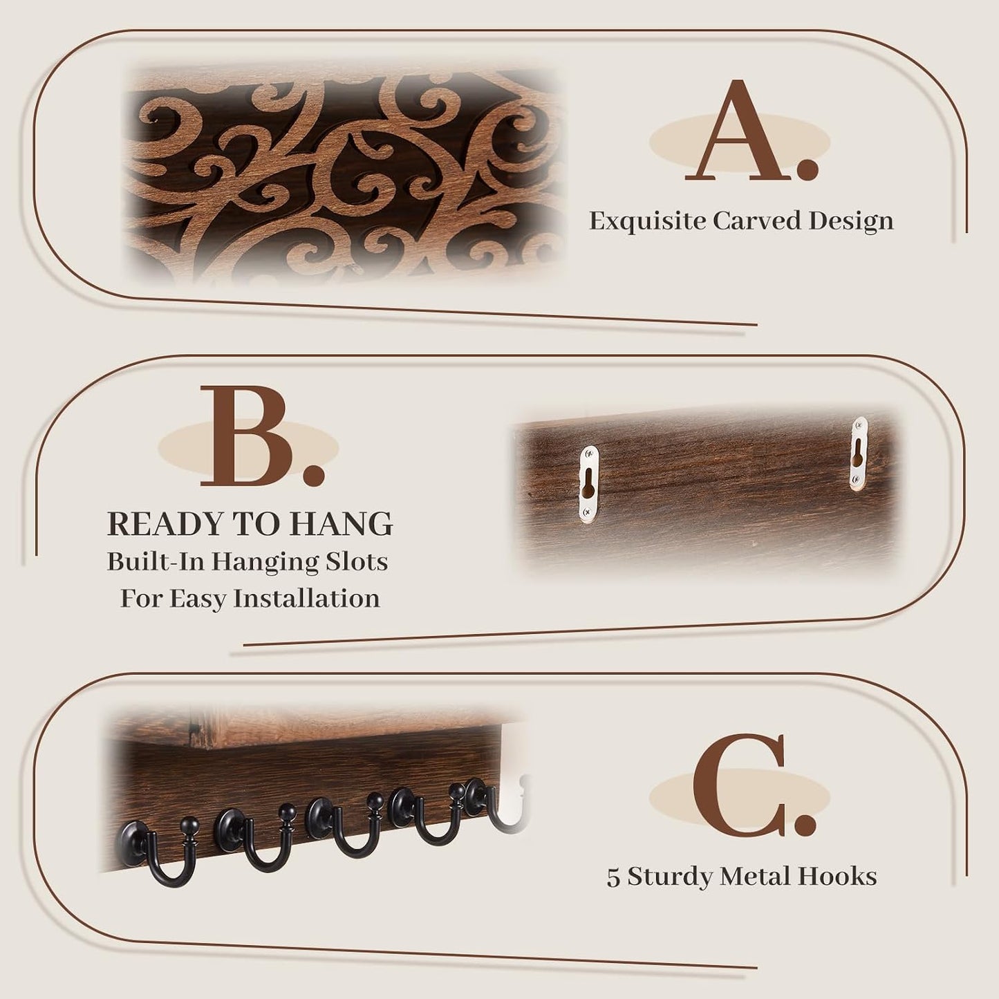 Novabright Mail and Key Holder for Wall Decorative Wall-Mounted Carved Wooden Mail Organizer with 5 Sturdy Key Hooks Rustic Home Decor for Entryway Hallway Office Farmhouse