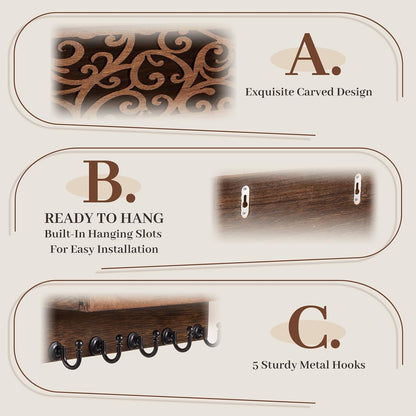 Novabright Mail and Key Holder for Wall Decorative Wall-Mounted Carved Wooden Mail Organizer with 5 Sturdy Key Hooks Rustic Home Decor for Entryway Hallway Office Farmhouse