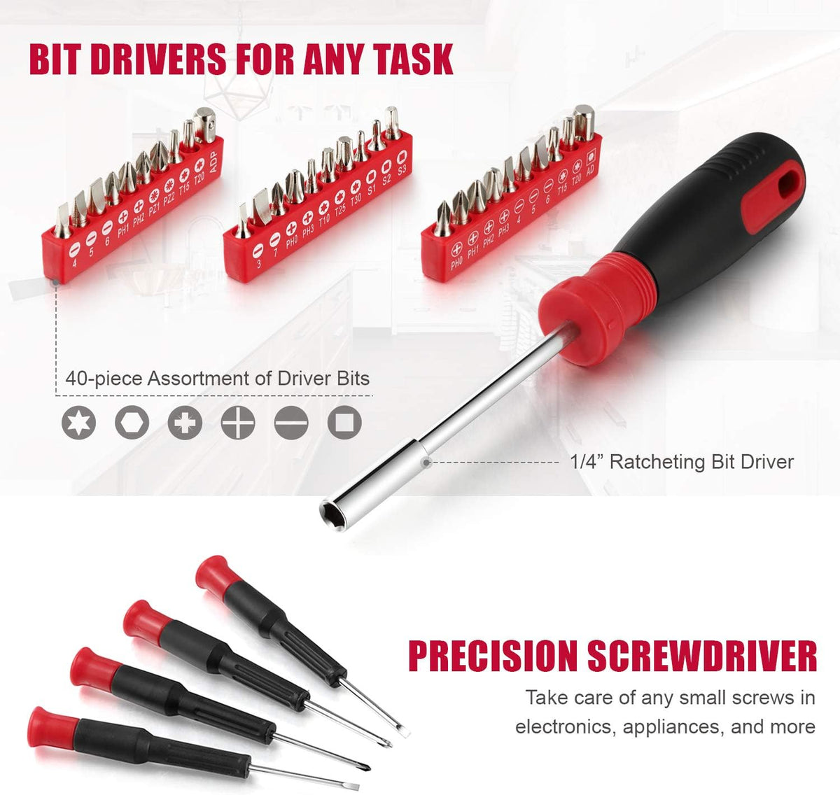 Eastvolt 128-Piece Home Repair Tool Set, Tool Sets for Homeowners, General Household Hand Tool Set with Storage Toolbox, EVHT12801, Black + Red (ASK01)