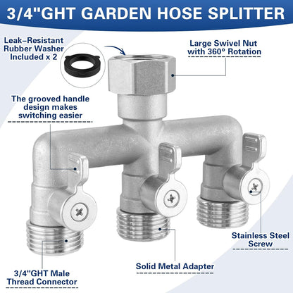 4 Way Garden Hose Splitter, 304 Stainless Steel Outdoor Faucet Splitter with 4 Individual Shut Off Valves, 3/4" GHT High Flow Hose Bib Spigot Connector