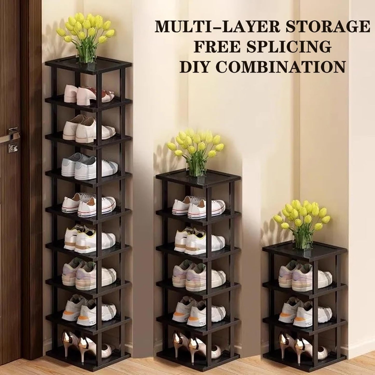 Vertical Shoe Rack - Tall Narrow Shoe Rack Organizer for Small Spaces,5 Tier Bamboo Shoen Shelf for Entryway,Closet,Corner,Doorway,Skinny Shoe Shelf Space Saving Shoe Storage,Free Stackable DIY