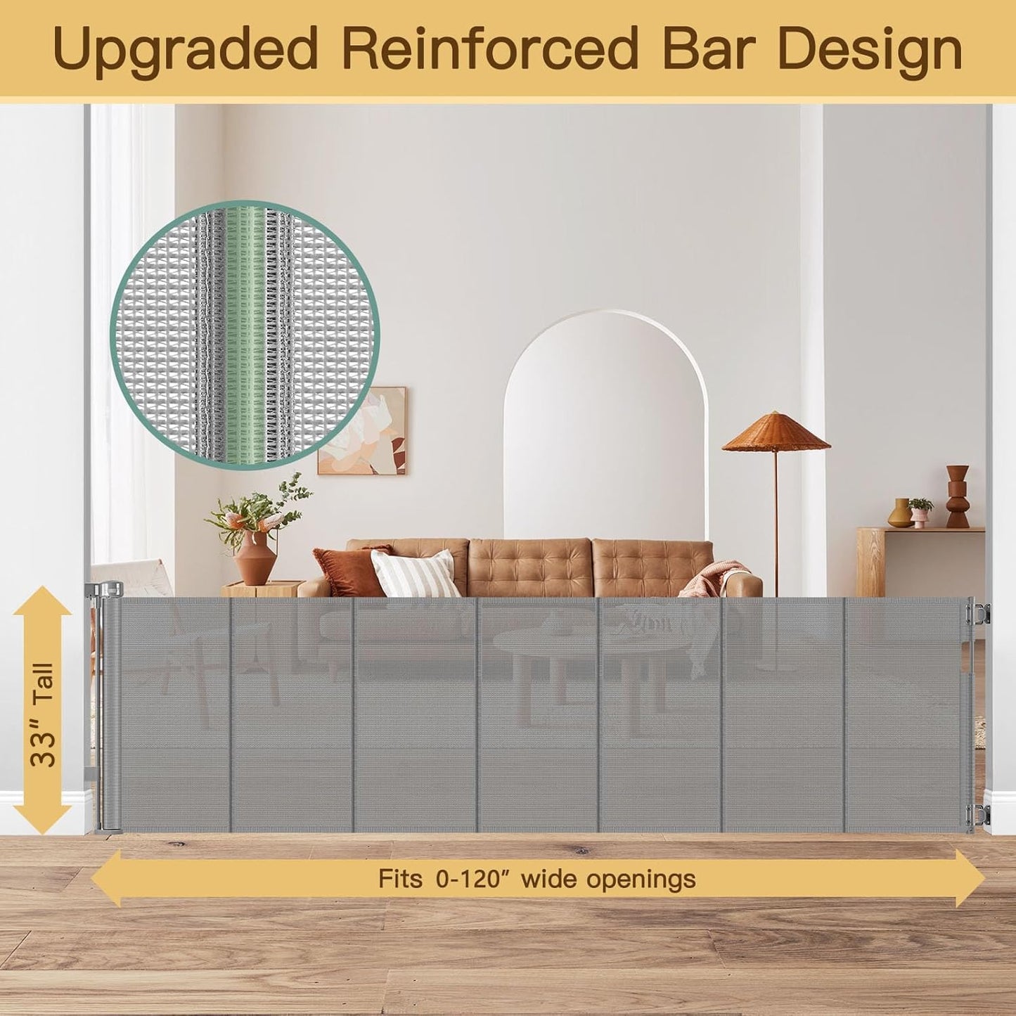 Reinforced 55" Wide Retractable Baby Gates with Reinforced Strips, Indoor/Outdoor Retractable Dog Gate for Doorway Prevent Bottom Drilling Through, No Bottom Bar Safety Mesh Baby Gate for Stair, Black