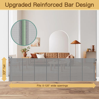 Reinforced 55" Wide Retractable Baby Gates with Reinforced Strips, Indoor/Outdoor Retractable Dog Gate for Doorway Prevent Bottom Drilling Through, No Bottom Bar Safety Mesh Baby Gate for Stair, Black