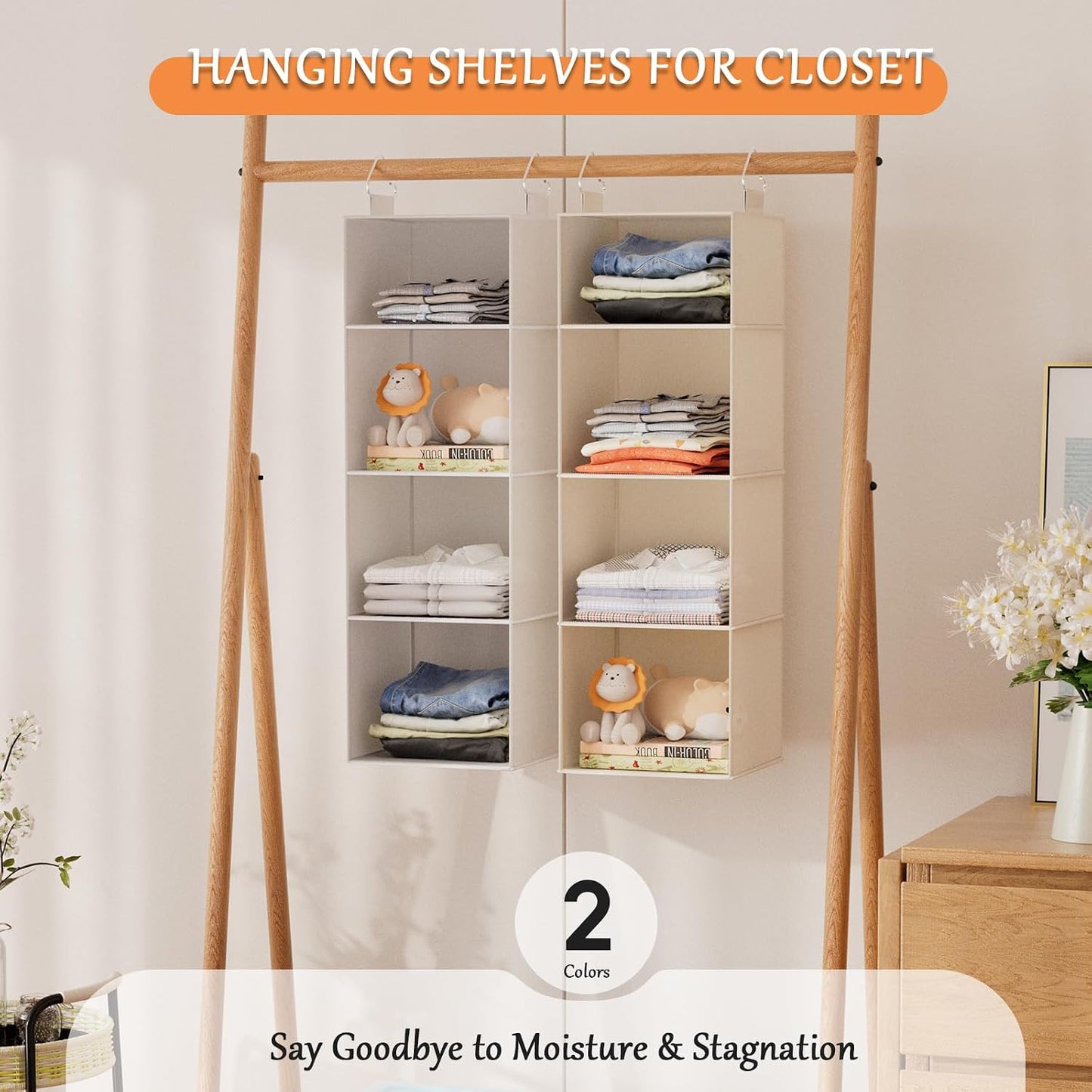 Hanging Shoe Organizer for Closet with 8 Shelves,Mesh Pockets-Wider Hanging Shelves for Shoes,Clothes,Hats with Sturdy Bamboo-Supported Design (Beige)