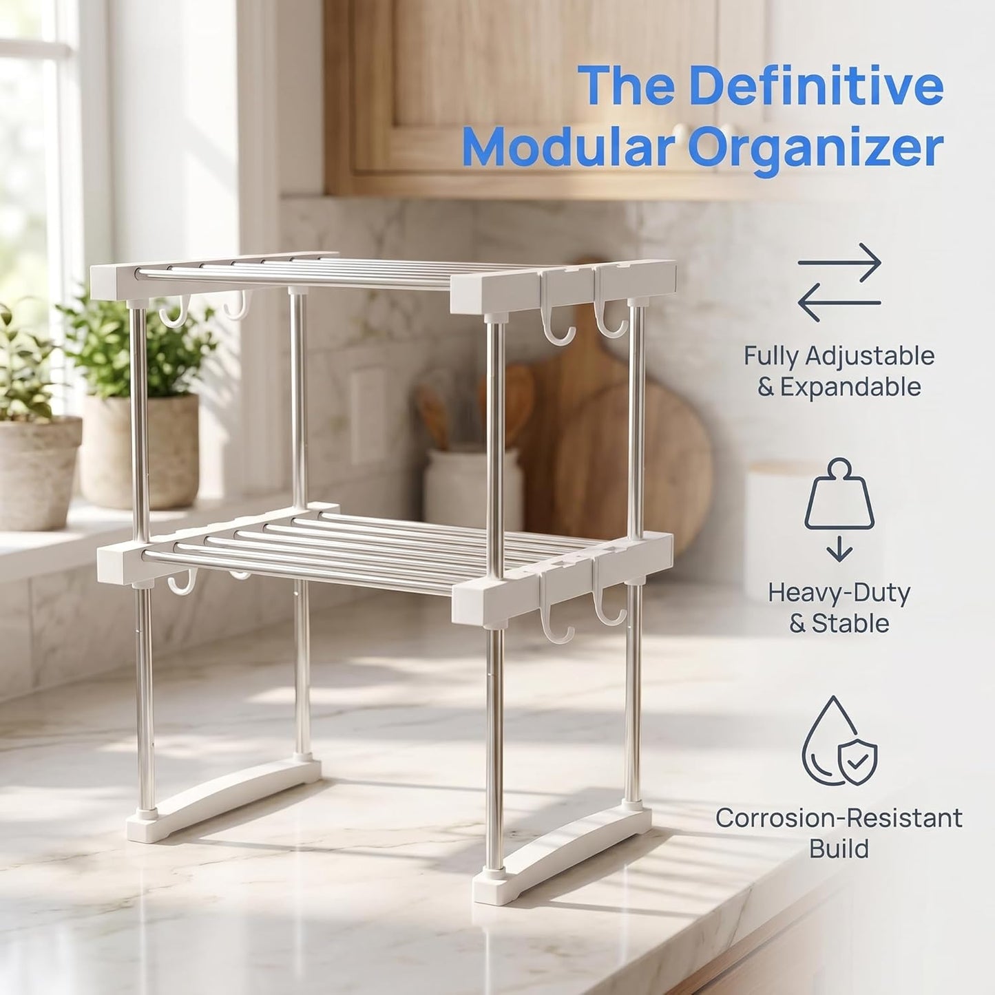 BLULEE Expandable Under Sink Organizer, 2-Tier Adjustable Storage Shelf | Heavy-Duty Stainless Steel Cabinet Rack for Kitchen Pantry & Bathroom Vanity, Stackable Organization System