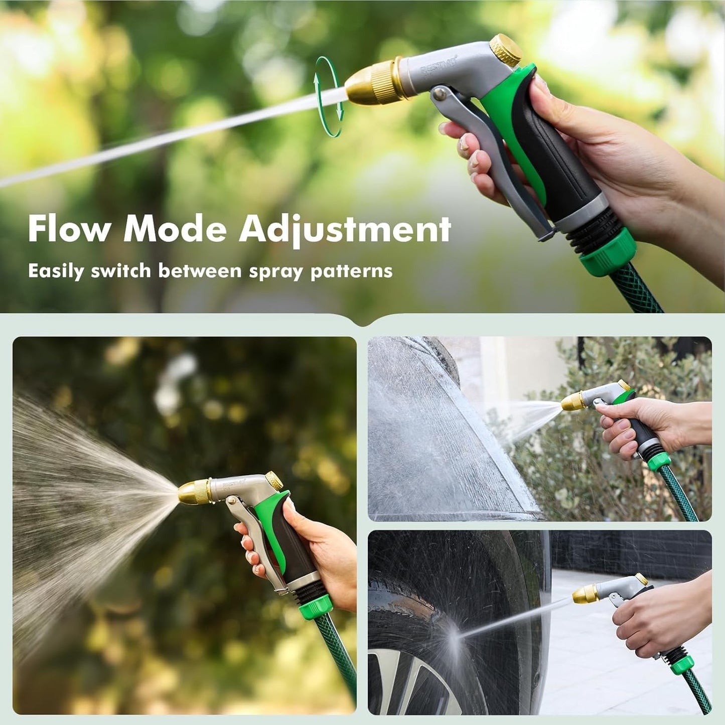 RESTMO Metal Water Hose Nozzle, Heavy Duty Garden Hose Sprayer for Outdoor | Adjustable Brass Spray Head, 4 Watering Patterns, Jet | Mist | Cone | Full, Leak-proof, Ideal for Lawn & Plant & Car, Green