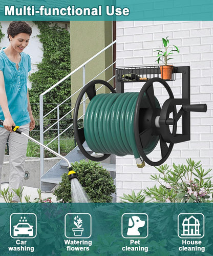 Artigarden Garden Wall Mounted Hose Reel, Outdoor Heavy-Duty Water Hose Holder Winder, Holds 125 Feet of 5/8-Inch Hose, with 3.9 ft Leader Hose, Water Fitting and Storage Basket for Yard, Black