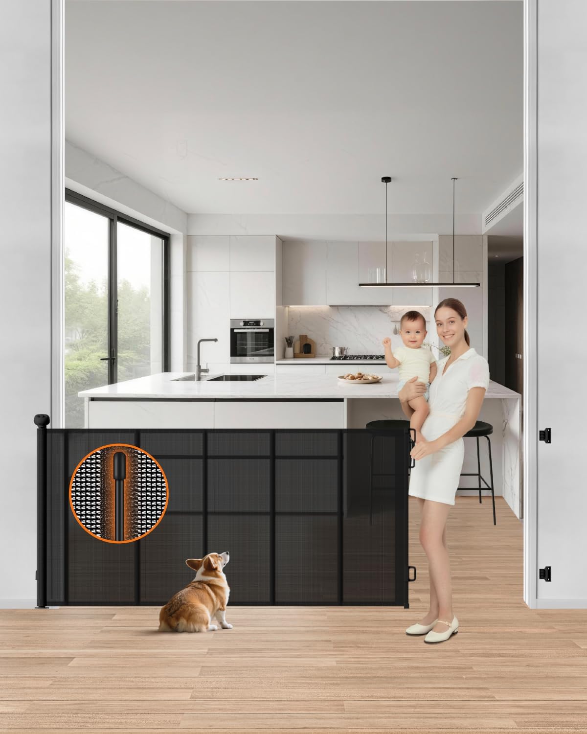 Retractable Baby Gate, 55" Wide Reinforced Mesh Baby Gate with 4 Fiberglass Support Rods for a Tighter Fit, 34" Tall Retractable Dog Gate for Stairways, Hallways and Doorways, Black