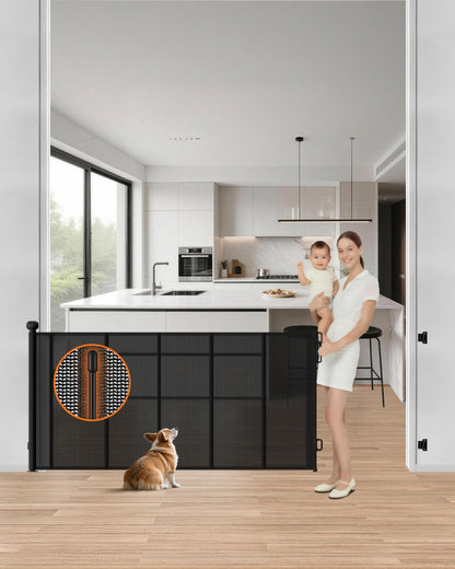Retractable Baby Gate, 55" Wide Reinforced Mesh Baby Gate with 4 Fiberglass Support Rods for a Tighter Fit, 34" Tall Retractable Dog Gate for Stairways, Hallways and Doorways, Black