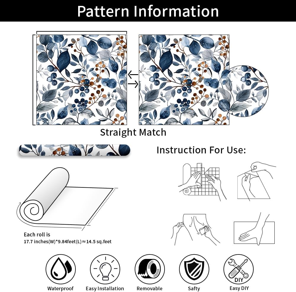 Floral Peel and Stick Wallpaper, 17.71" x 118.1" - Removable, Waterproof, Decorative Vinyl Wallpaper for Bedroom, Living Room