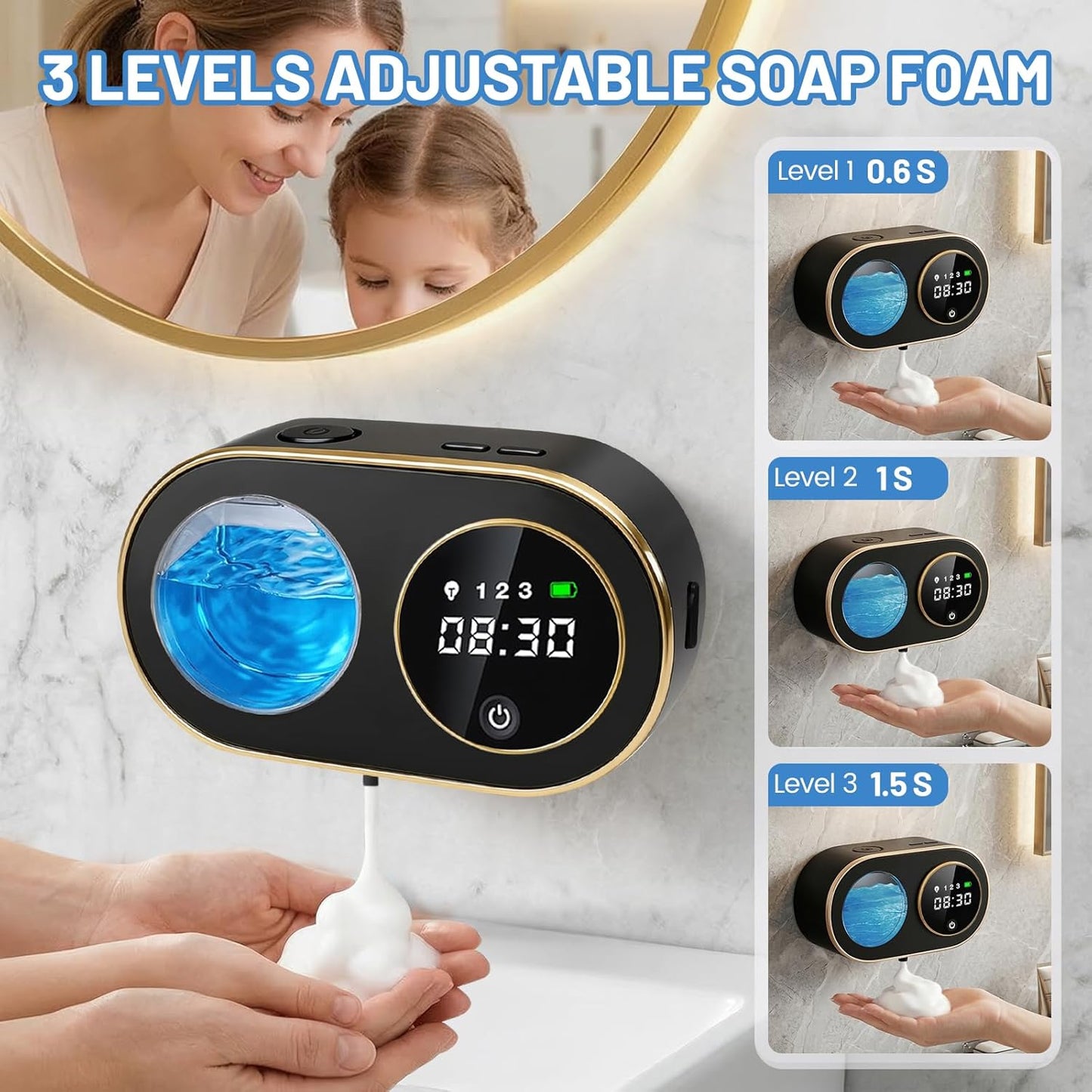Automatic Soap Dispenser, 320ML Touchless Smart Hand Soap Dispenser, 3 Adjustable Soap Levels, Rechargeable Wall Mounted Electric Foam Soap Dispenser for Bathroom Kitchen Office (White - T1)