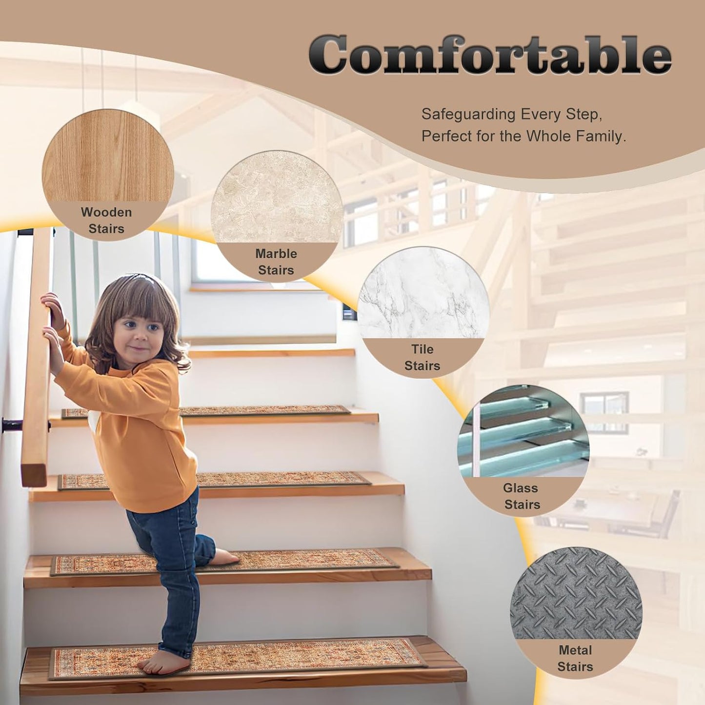 Non Slip Stair Treads for Wooden Steps, 15 Pack 8"x30" Washable Carpet | 8x30 in soft chenille polyester stair treads with reusable TPE backing for indoor wood stairs, dogs, kids, and seniors